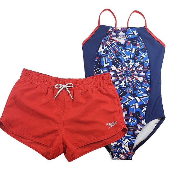 NEW Speedo Girls' One Piece SwimSuit Bathing Suit and Shorts Set XS 5/6 - Picture 1 of 4